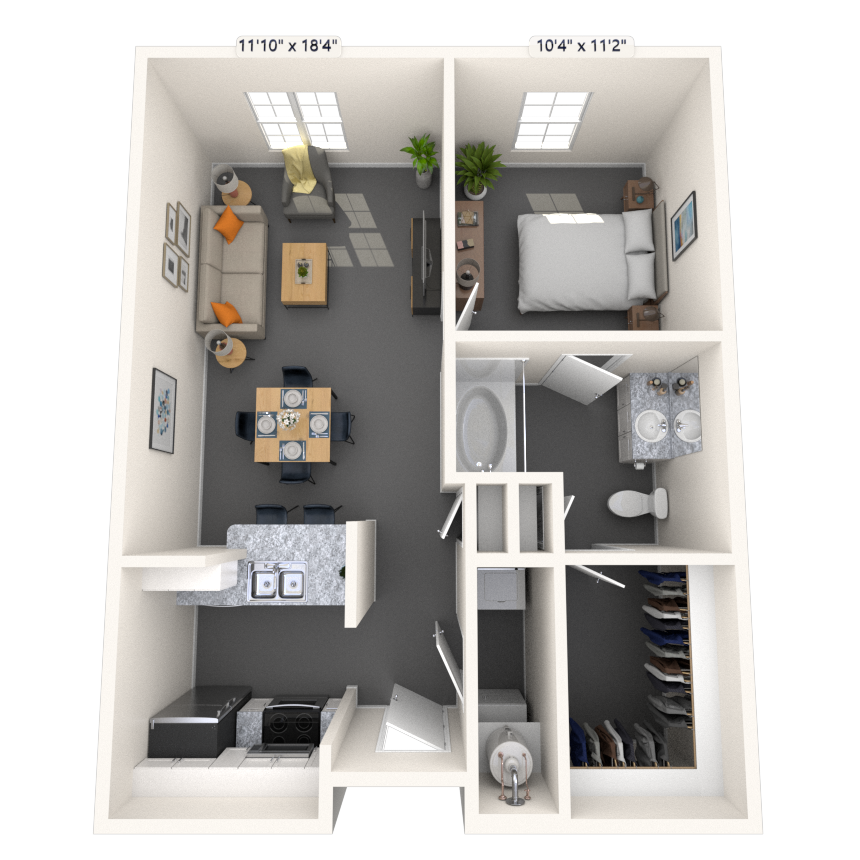 Floor plan for 1 bed, 1 bath, 818 sqft